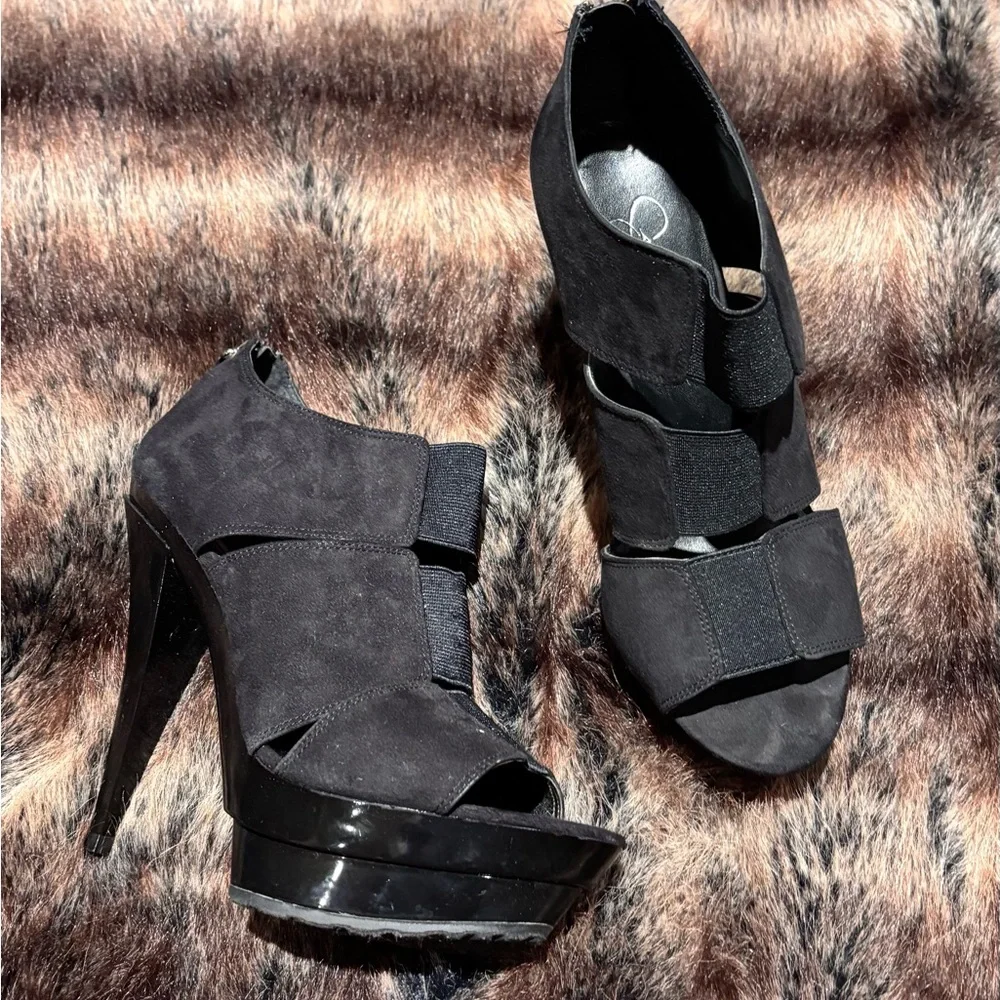 Vintage 2010 Jessica Simpson Black Suede zip up Platform Peep-Toe Heels - Women